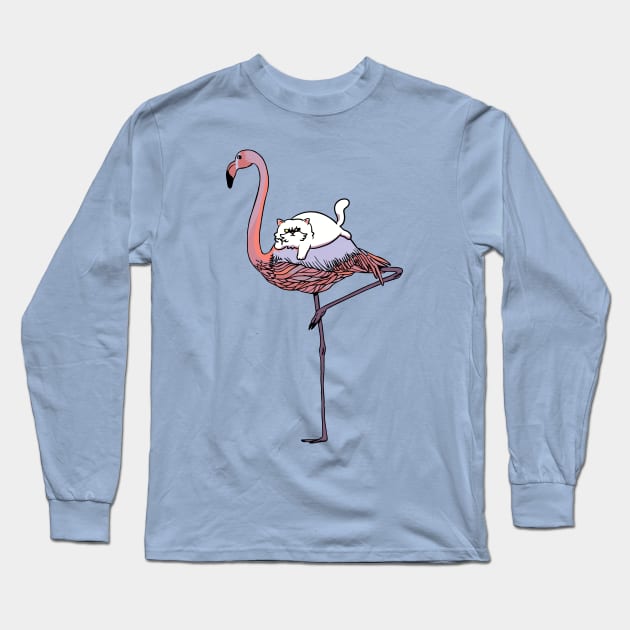 Flamingo and persian cat Long Sleeve T-Shirt by huebucket